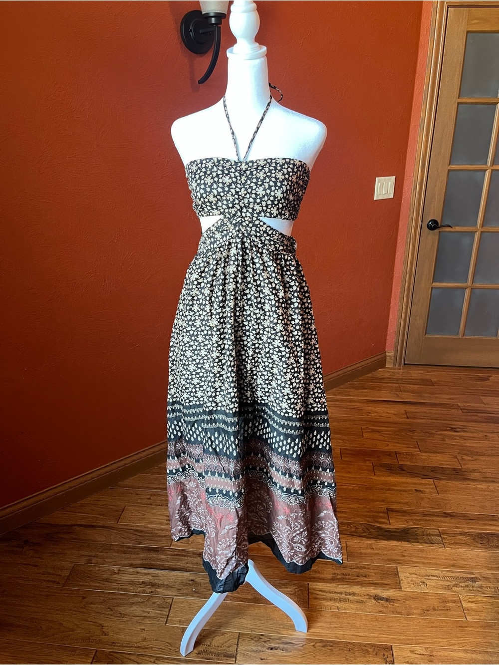 Olivaceous Strapless Floral Cutout Maxi Dress in Black and Brown